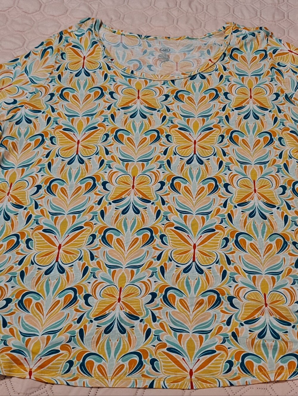 Cato Butterfly Print Short Sleeve Top in Yellow & Teal 22/24 W